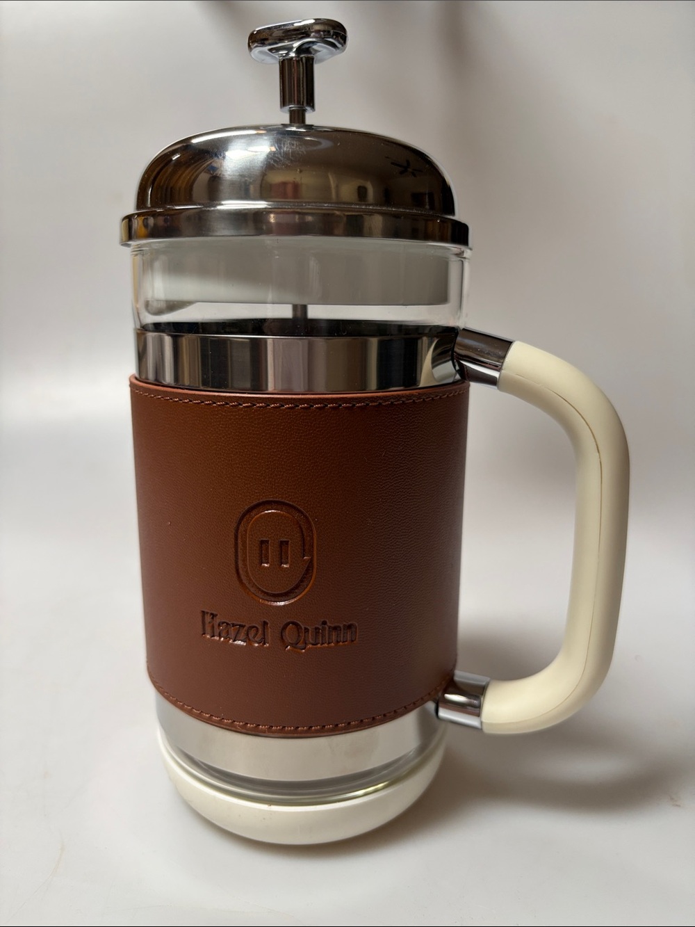 Brown Leather French Press Coffee Maker with Cream Handle